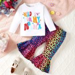 Catpapa 2-Piece Spring/Fall Outfit for Baby Girls 0-3 Years - Letter Print Long-Sleeve Top & Leopard All-Over Print Flared Pants