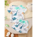 Catpapa 2-Piece Summer Loungewear Set for Baby Boys 3-24 Months - Cartoon Dortinosaur Print Round Neck Sh-Sleeve Top & Shorts