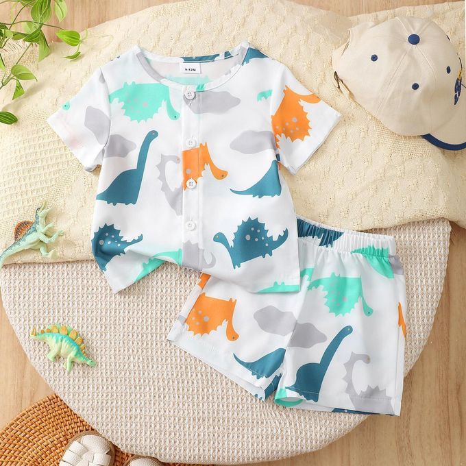 Catpapa 2-Piece Summer Loungewear Set for Baby Boys 3-24 Months - Cartoon Dortinosaur Print Round Neck Sh-Sleeve Top & Shorts
