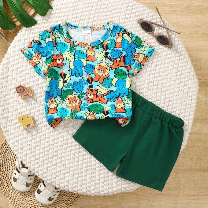 Catpapa 2-Piece Summer Outfit for Baby Boys 0-3 Years - Pineapple Print Round Neck Short-Sleeve T-Shirt & Solid Color Casual Shorts