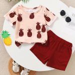 Catpapa 2-Piece Summer Outfit for Baby Boys 0-3 Years - Pineapple Print Round Neck Short-Sleeve T-Shirt & Solid Color Casual Shorts