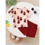Catpapa 2-Piece Summer Outfit for Baby Boys 0-3 Years - Pineapple Print Round Neck Short-Sleeve T-Shirt & Solid Color Casual Shorts