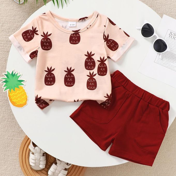 Catpapa 2-Piece Summer Outfit for Baby Boys 0-3 Years - Pineapple Print Round Neck Short-Sleeve T-Shirt & Solid Color Casual Shorts