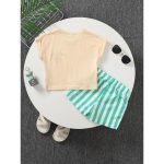 Catpapa 2-Piece Summer Outfit for Baby Boys 0-3 Years - Smiley Face Print Round Neck Short-Sleeve T-Shirt & Vertical Stripe Casual Shorts