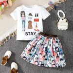 Catpapa 2-Piece Summer Outfit for Girls 4-7 Years - Cartoon Print Short-Sleeve Top & Portrait All-Over Print Skirt