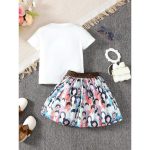 Catpapa 2-Piece Summer Outfit for Girls 4-7 Years - Cartoon Print Short-Sleeve Top & Portrait All-Over Print Skirt