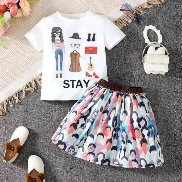 Catpapa 2-Piece Summer Outfit for Girls 4-7 Years - Cartoon Print Short-Sleeve Top & Portrait All-Over Print Skirt