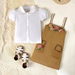 Catpapa 2-Piece Summer Outfit for Girls 4-7 Years - Solid Color Lantern Sleeve Blouse & Floral Embroidery Straight Strappy Dress