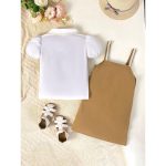 Catpapa 2-Piece Summer Outfit for Girls 4-7 Years - Solid Color Lantern Sleeve Blouse & Floral Embroidery Straight Strappy Dress