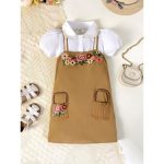 Catpapa 2-Piece Summer Outfit for Girls 4-7 Years - Solid Color Lantern Sleeve Blouse & Floral Embroidery Straight Strappy Dress