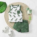 Catpapa 2-Piece Summer Set for Baby Boys 0-18 Months - Dinosaur Print Tank Top & Shorts