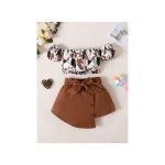 Catpapa 2PCS 0-4 Years Kid Girl Off Shoulder Bubble Sleeve Top With Corduroy Skirt