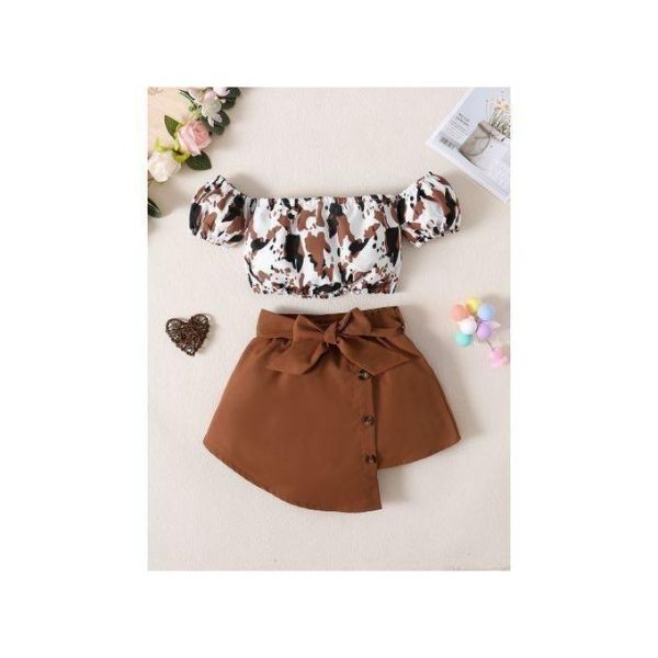 Catpapa 2PCS 0-4 Years Kid Girl Off Shoulder Bubble Sleeve Top With Corduroy Skirt