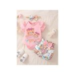 Catpapa 3-24Months Baby Girl Bear 3PCS Bodysuit Shorts With Headband