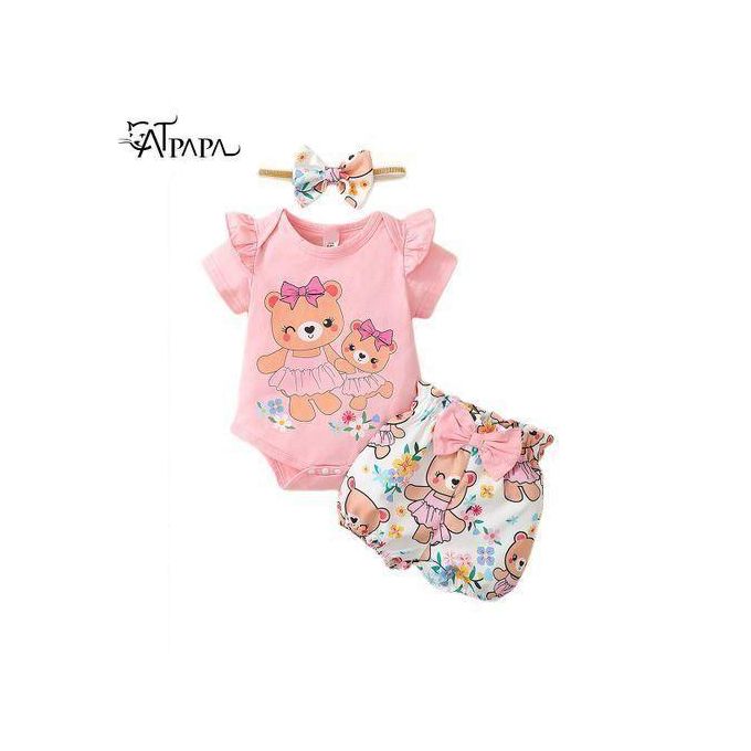 Catpapa 3-24Months Baby Girl Bear 3PCS Bodysuit Shorts With Headband
