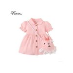 Catpapa 3-24Months Baby Girl COTTON Pink Puff Sleeve Dress With Bag