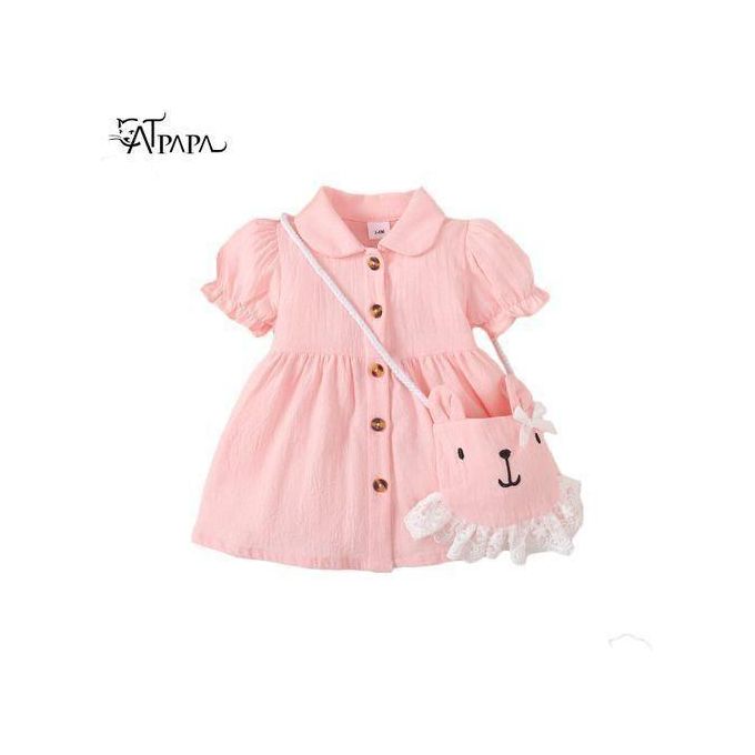 Catpapa 3-24Months Baby Girl COTTON Pink Puff Sleeve Dress With Bag