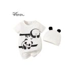 Catpapa Baby Boy Romper Panda Bear Short Sleeve Jumpsuit + Hat 2Pcs