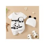Catpapa Baby Boy Romper Panda Bear Short Sleeve Jumpsuit + Hat 2Pcs