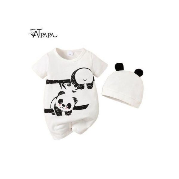 Catpapa Baby Boy Romper Panda Bear Short Sleeve Jumpsuit + Hat 2Pcs