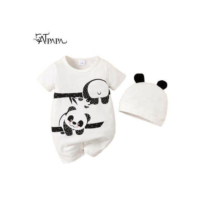 Catpapa Baby Boy Romper Panda Bear Short Sleeve Jumpsuit + Hat 2Pcs
