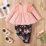 Catpapa Dress Set for 3-24 Months Toddlers Baby Girl Plaid Color Lace Skirt Long Sleeve + Floral Print Pants Casual Wear