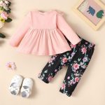 Catpapa Dress Set for 3-24 Months Toddlers Baby Girl Plaid Color Lace Skirt Long Sleeve + Floral Print Pants Casual Wear