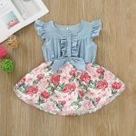 Catpapa Summer Dress for Baby Girls 0-18 Months - Denim Panel Floral Print Flutter Sleeve Dress