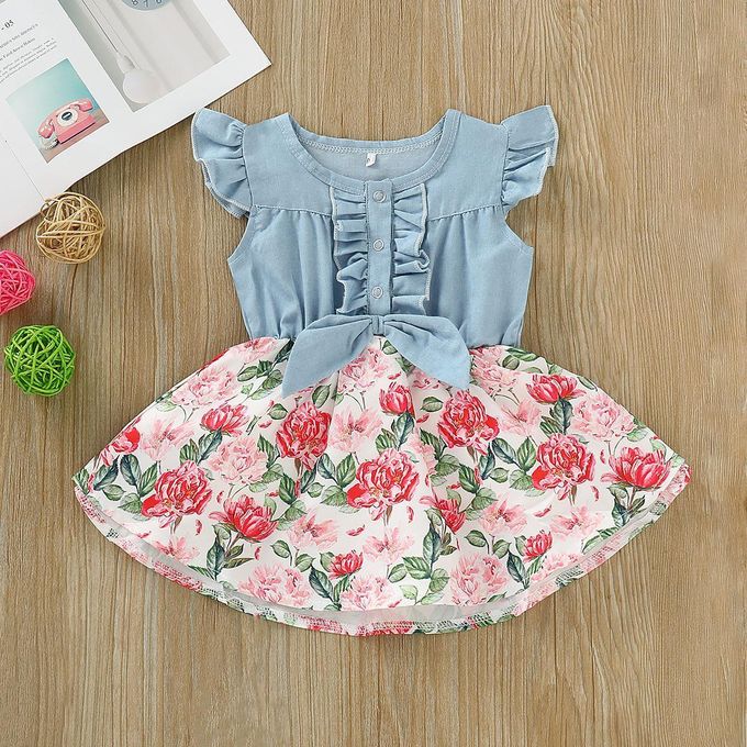 Catpapa Summer Dress for Baby Girls 0-18 Months - Denim Panel Floral Print Flutter Sleeve Dress
