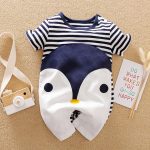 Catpapa Summer Romper for Baby Boys 0-18 Months - Cartoon Penguin Print Striped Short-Sleeve Onesie