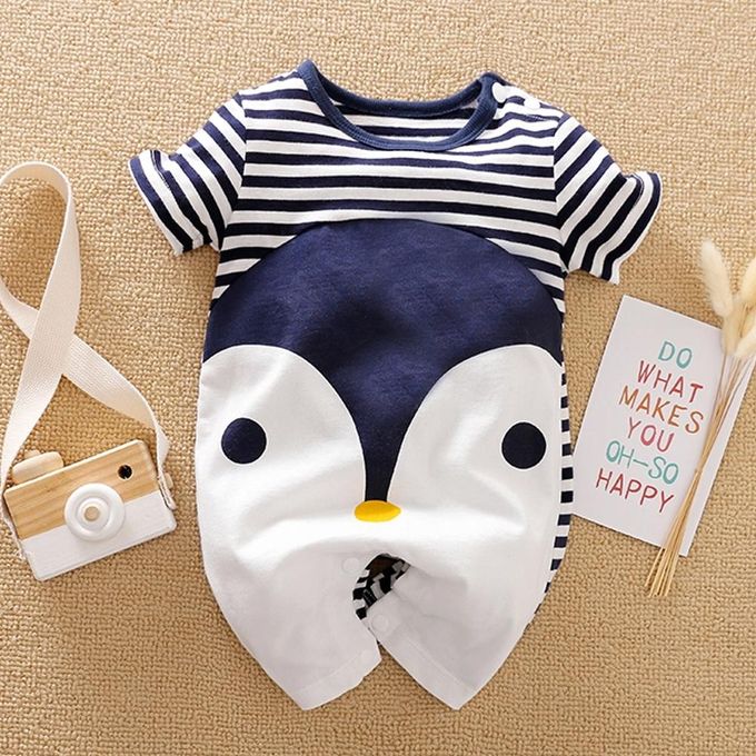 Catpapa Summer Romper for Baby Boys 0-18 Months - Cartoon Penguin Print Striped Short-Sleeve Onesie