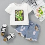 Catpapa Toddler Baju Baby Girl Outfit Cotton Solid Cactus Print Short Sleeve T-shirt Ripped Denim Shorts Summer Baby Girls Fashion 2pcs Outfits 0-3 Years