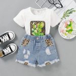 Catpapa Toddler Baju Baby Girl Outfit Cotton Solid Cactus Print Short Sleeve T-shirt Ripped Denim Shorts Summer Baby Girls Fashion 2pcs Outfits 0-3 Years