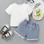 Catpapa Toddler Baju Baby Girl Outfit Cotton Solid Cactus Print Short Sleeve T-shirt Ripped Denim Shorts Summer Baby Girls Fashion 2pcs Outfits 0-3 Years