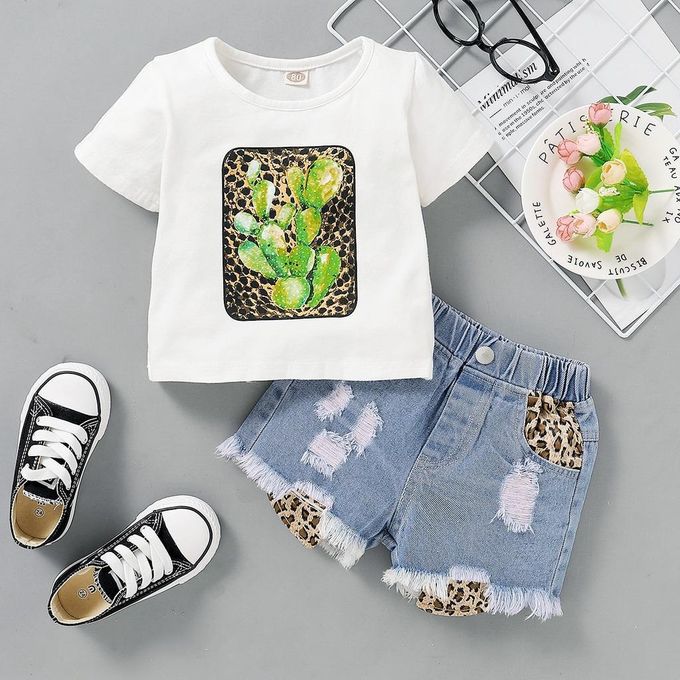 Catpapa Toddler Baju Baby Girl Outfit Cotton Solid Cactus Print Short Sleeve T-shirt Ripped Denim Shorts Summer Baby Girls Fashion 2pcs Outfits 0-3 Years