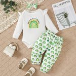 Catpapa Whimsical 3-Piece Set for Baby Girls 1-18M: Shamrock & Rainbow Print Long-Sleeve Set + Matching Headband