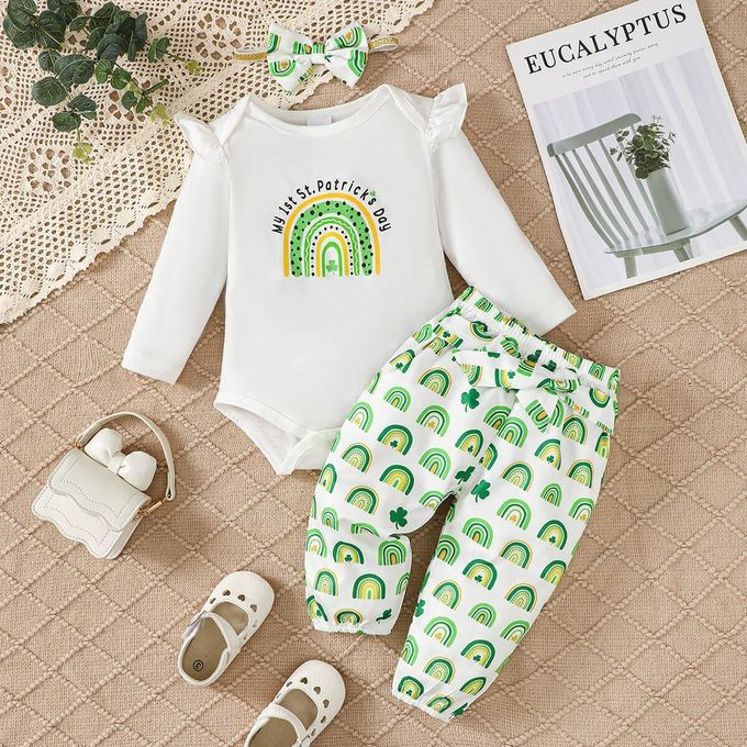 Catpapa Whimsical 3-Piece Set for Baby Girls 1-18M: Shamrock & Rainbow Print Long-Sleeve Set + Matching Headband