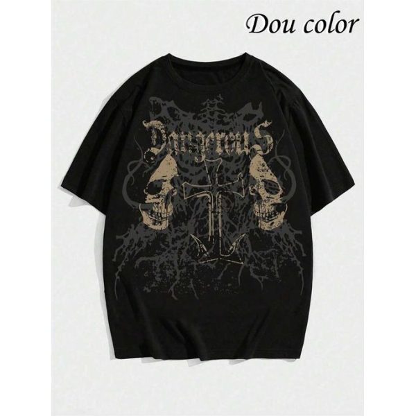 Dou-color Dou-color Men's Fashion Thick Skull Style Printed T-shirt - Black