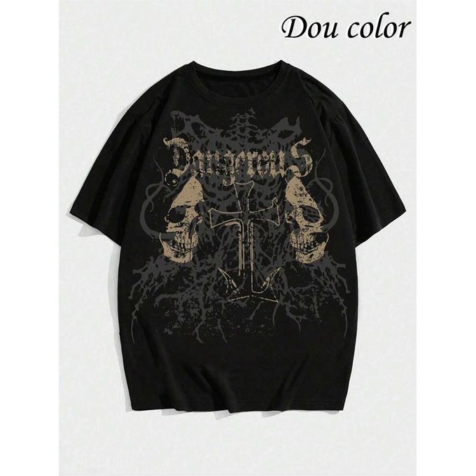 Dou-color Dou-color Men's Fashion Thick Skull Style Printed T-shirt - Black
