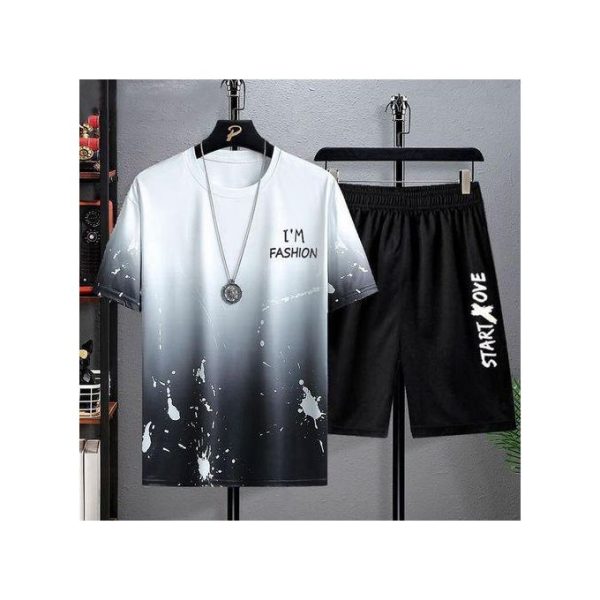Dou-color Men's 2-in-1 Short Sleeved T-shirt&Shorts Set - Black