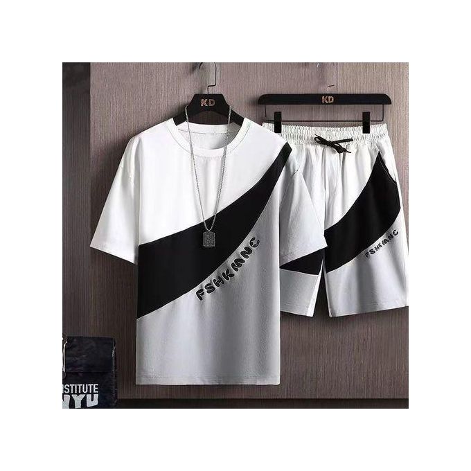 Dou-color Men's Fashion 2-in-1 Short Sleeve&Shorts Set - Black And White