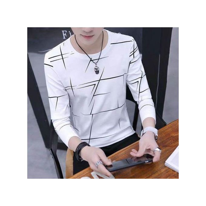 Dou-color Men's Fashion Long Sleeve Striped Shirt New Upgraded O-neck Casual T Shirt - White