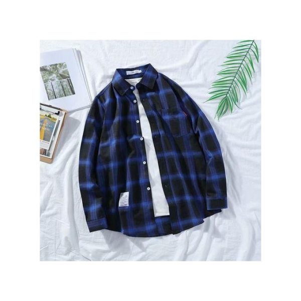 Dou-color Men's Long Sleeved Checkered Shirt Enlarged - Blue