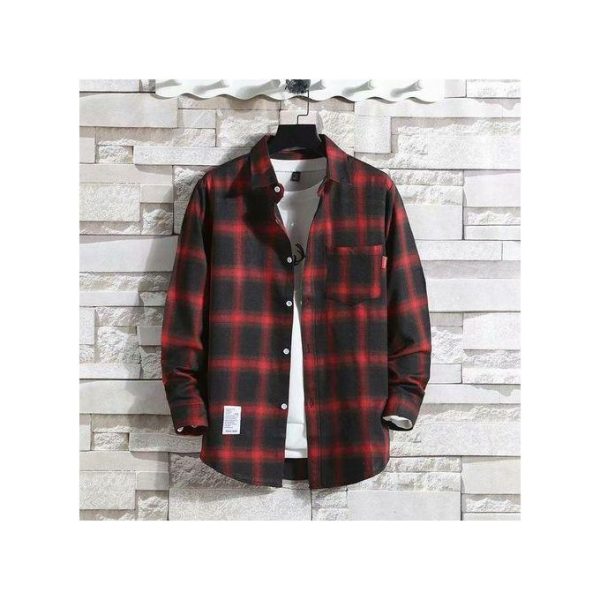 Dou-color Men's Long Sleeved Checkered Shirt Enlarged - Red