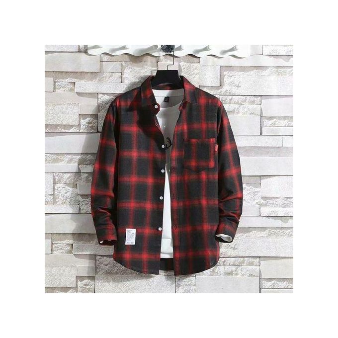 Dou-color Men's Long Sleeved Checkered Shirt Enlarged - Red
