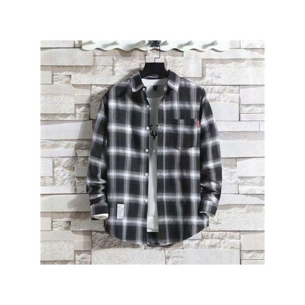 Dou-color Men's Long Sleeved Small Checkered Shirt Enlarged Version - Black