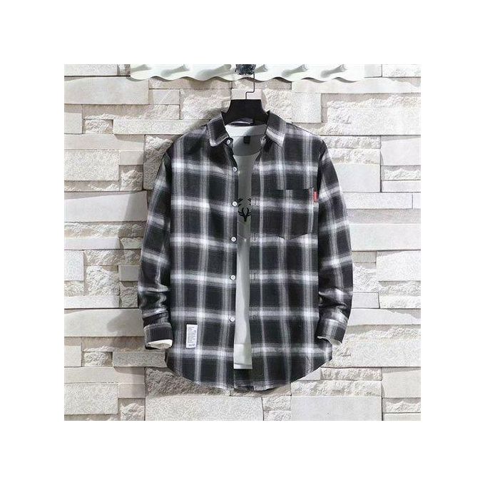 Dou-color Men's Long Sleeved Small Checkered Shirt Enlarged Version - Black