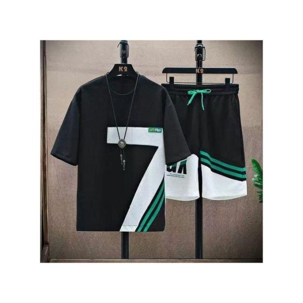 Dou-color Men's Shorts And T-shirt Set -2 Pieces - Black