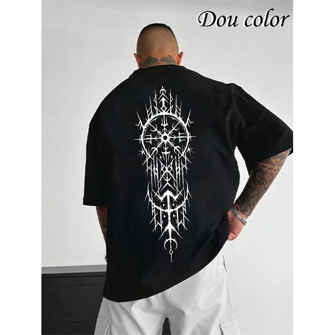 Dou-color Men's Thickened Niche Style Printed T-shirt - Black