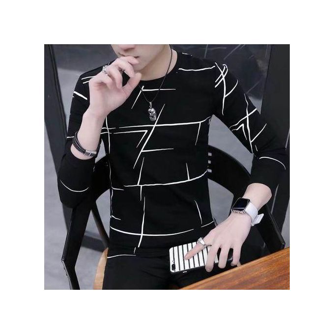 Dou-color T-shirt Men's Long Sleeved Striped Casual Shirt Round Neck - Black